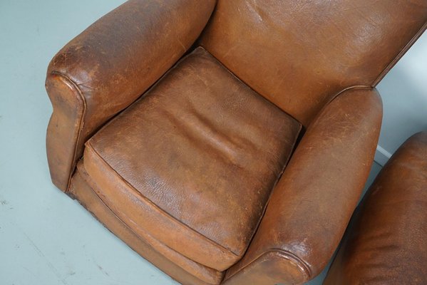 Vintage French Cognac Leather Club Chairs, Set of 2-XO-2042246