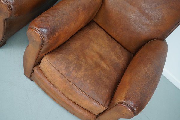 Vintage French Cognac Leather Club Chairs, Set of 2-XO-2042246