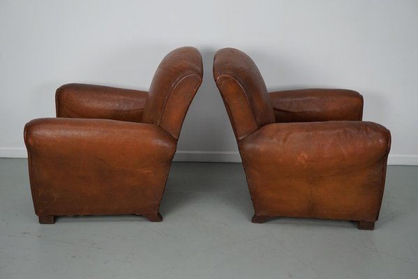 Vintage French Cognac Leather Club Chairs, Set of 2-XO-2042246