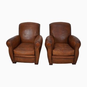 Vintage French Cognac Leather Club Chairs, Set of 2-XO-2042246