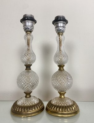 Vintage French Cut Glass and Brass Table Lamps, 1950s, Set of 2-WZZ-982728