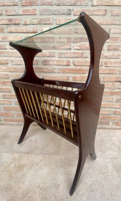 Vintage French Glass and Wood Folio Stand Magazine Rack, 1950s-NOU-1806354