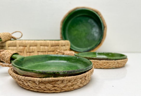 Vintage French Green Ceramic Glazed Bowls with Straw Base, 1970s, Set of 5-WZZ-2021724