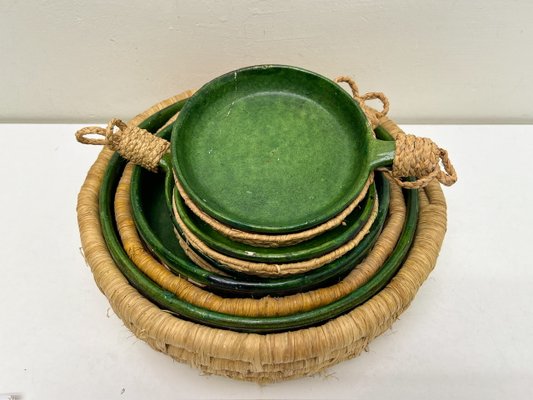 Vintage French Green Ceramic Glazed Bowls with Straw Base, 1970s, Set of 5-WZZ-2021724