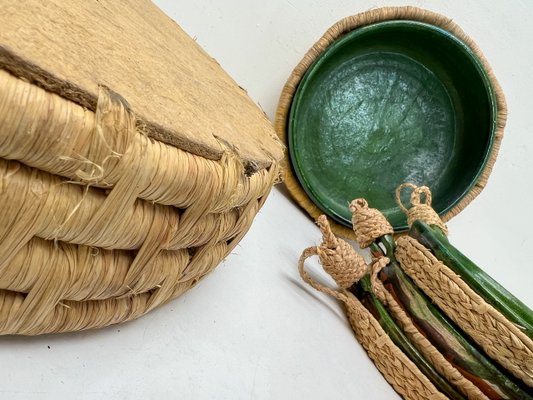 Vintage French Green Ceramic Glazed Bowls with Straw Base, 1970s, Set of 5-WZZ-2021724