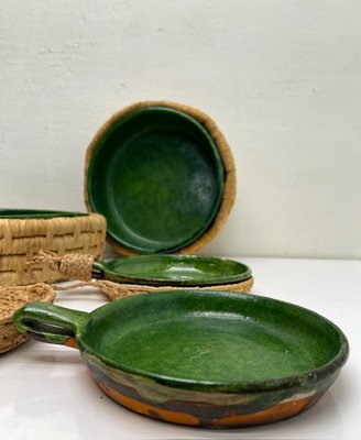 Vintage French Green Ceramic Glazed Bowls with Straw Base, 1970s, Set of 5-WZZ-2021724