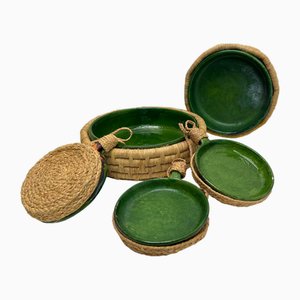 Vintage French Green Ceramic Glazed Bowls with Straw Base, 1970s, Set of 5-WZZ-2021724