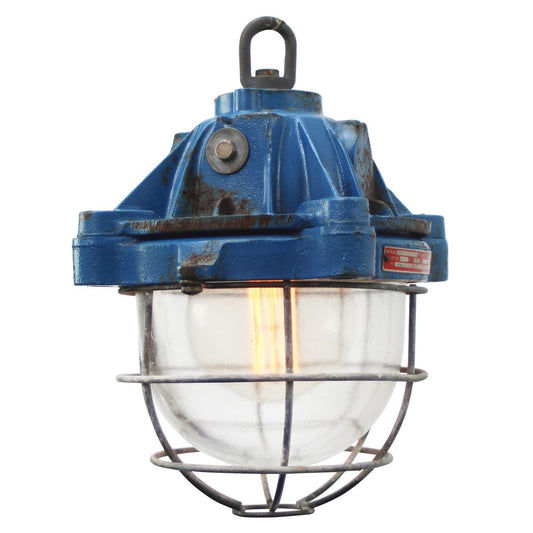 Vintage French Industrial Blue Cast Iron Pendant Lamp by Mapelec Amiens, 1977