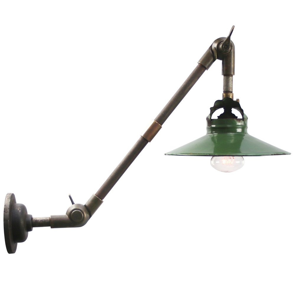 Vintage French Industrial Green Enamel 3-Arm Machinist Wall Light in Brass