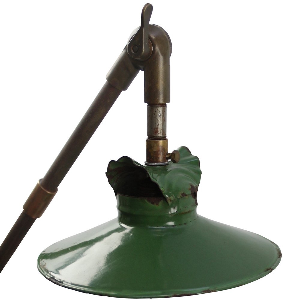 Vintage French Industrial Green Enamel 3-Arm Machinist Wall Light in Brass