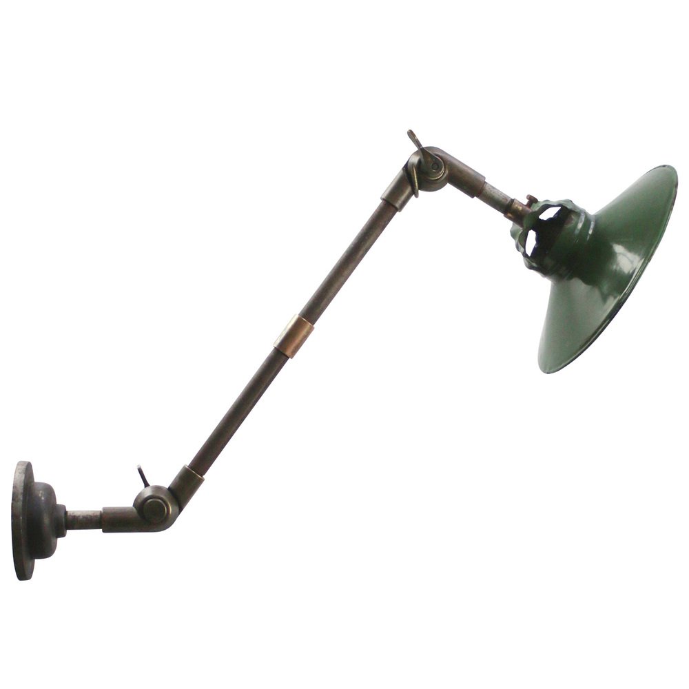 Vintage French Industrial Green Enamel 3-Arm Machinist Wall Light in Brass