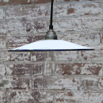 Vintage French Industrial White Enamel Pendant Lamp-BLS-925876