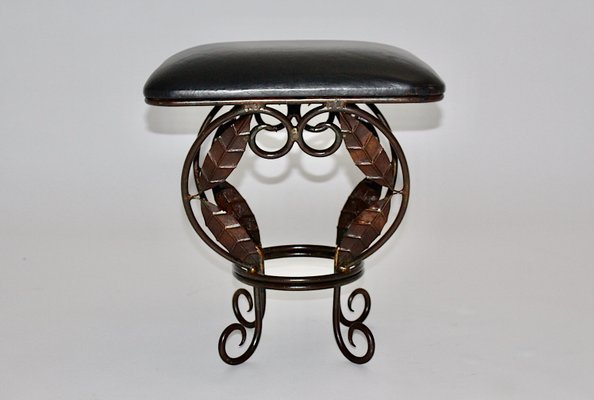 Vintage French Iron Leaves Stool with Black Leather Seat, 1970s-NB-1071299