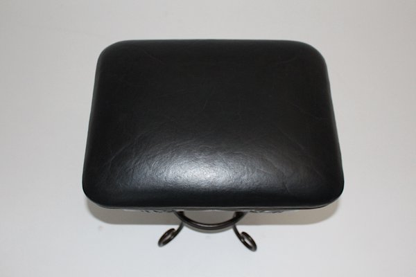 Vintage French Iron Leaves Stool with Black Leather Seat, 1970s-NB-1071299