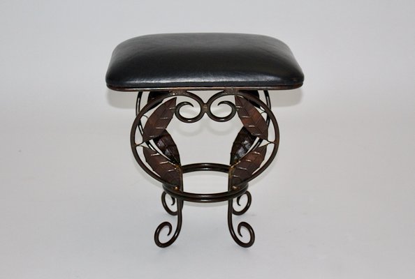 Vintage French Iron Leaves Stool with Black Leather Seat, 1970s-NB-1071299