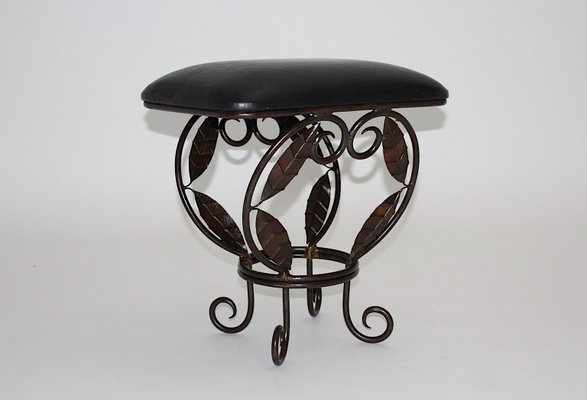 Vintage French Iron Leaves Stool with Black Leather Seat, 1970s-NB-1071299