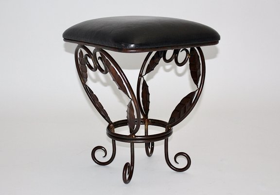 Vintage French Iron Leaves Stool with Black Leather Seat, 1970s-NB-1071299