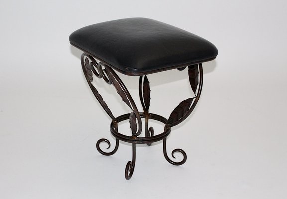 Vintage French Iron Leaves Stool with Black Leather Seat, 1970s-NB-1071299