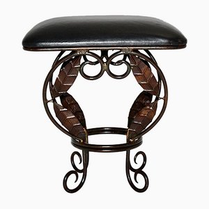 Vintage French Iron Leaves Stool with Black Leather Seat, 1970s-NB-1071299