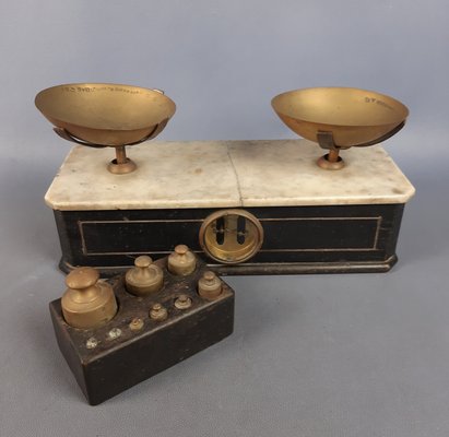 Vintage French Marble and Brass Scales with Weights, 1920s-PWG-2027136