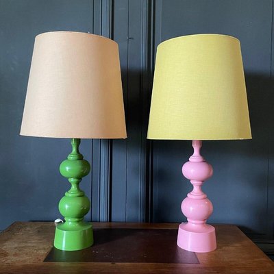 Vintage French Pink and Green Lamps, 1970, Set of 2-QKG-2023280