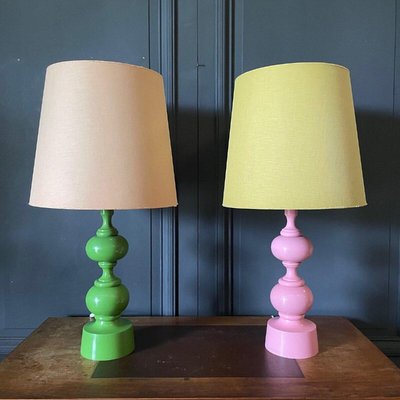 Vintage French Pink and Green Lamps, 1970, Set of 2-QKG-2023280