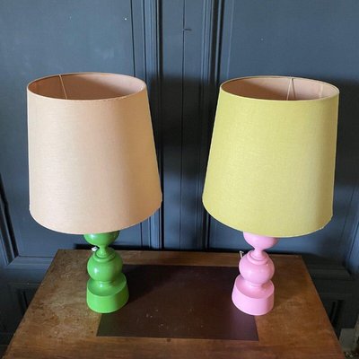 Vintage French Pink and Green Lamps, 1970, Set of 2-QKG-2023280