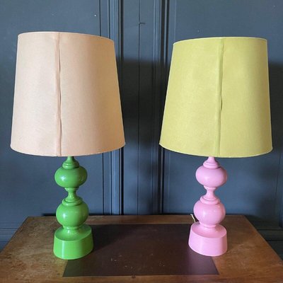 Vintage French Pink and Green Lamps, 1970, Set of 2-QKG-2023280