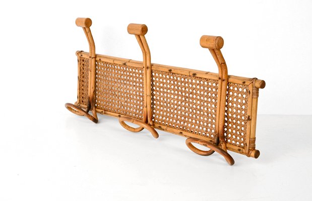 Vintage French Riviera Rattan and Bamboo Canes Wicker Coat Rack, 1960s-JDR-2020936