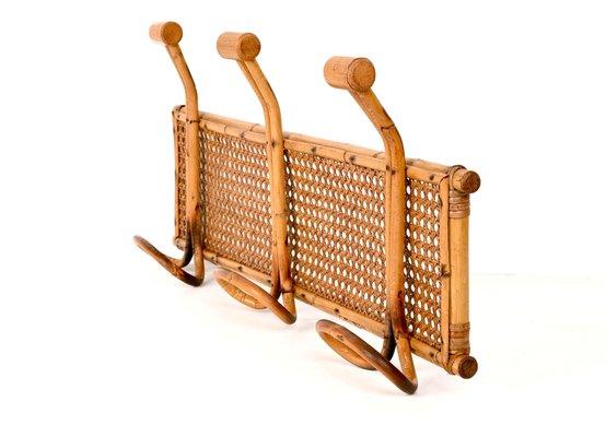 Vintage French Riviera Rattan and Bamboo Canes Wicker Coat Rack, 1960s-JDR-2020936