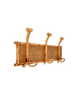 Vintage French Riviera Rattan and Bamboo Canes Wicker Coat Rack, 1960s-JDR-2020936