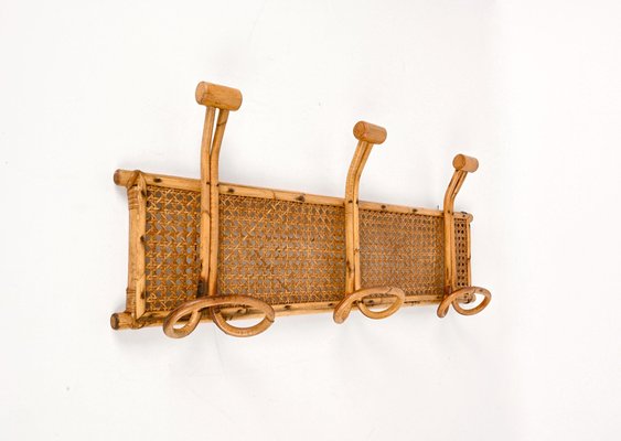 Vintage French Riviera Rattan and Bamboo Canes Wicker Coat Rack, 1960s-JDR-2020936