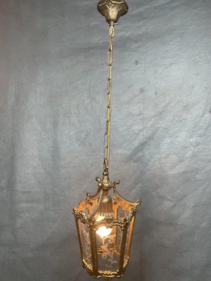 Vintage French Style Brass & Glass Lantern / Pendant Light-NSG-2034373