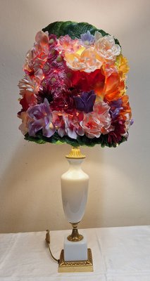 Vintage French Table Lamp with Opaline White Crystal Glass with Gold-Plated Bronze Fittings from Sevres and a Lush Handmade Bouquet Shade from Lamplove, 1970s-HOI-2035664