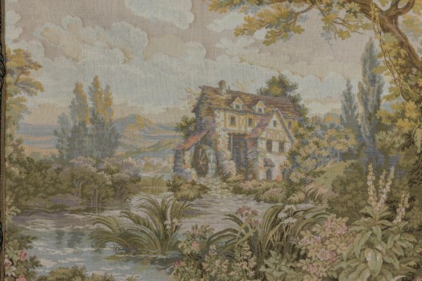 Vintage French Tapestry Landscape with a Waterwheel, 1970s-KEG-1999564