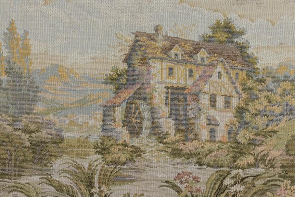 Vintage French Tapestry Landscape with a Waterwheel, 1970s-KEG-1999564