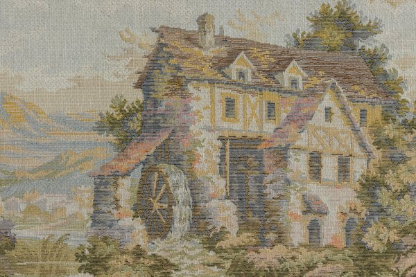 Vintage French Tapestry Landscape with a Waterwheel, 1970s-KEG-1999564