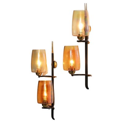 Vintage French Wall Lights in Glass and Brass, 1950, Set of 2-YU-1398657