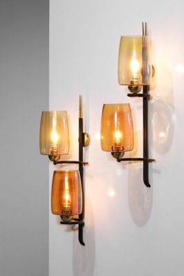 Vintage French Wall Lights in Glass and Brass, 1950, Set of 2-YU-1398657