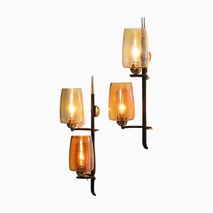 Vintage French Wall Lights in Glass and Brass, 1950, Set of 2-YU-1398657