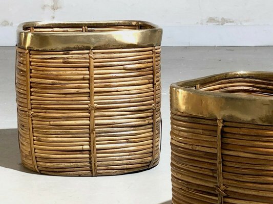 Vintage French Wicker & Brass Baskets, Set of 3-NLF-1260748