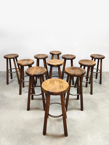 Vintage French Wooden Barstools, 1970s, Set of 11