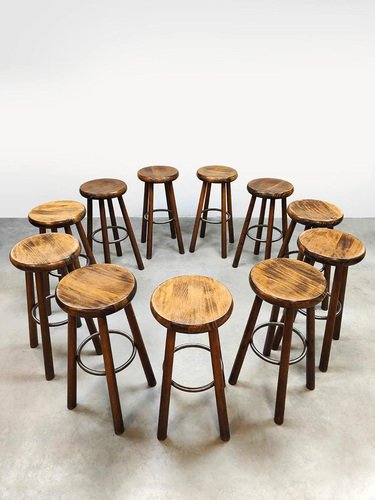 Vintage French Wooden Barstools, 1970s, Set of 11