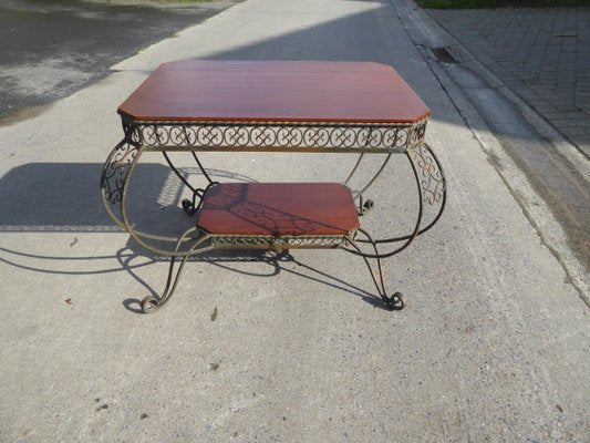 Vintage French Wrought Iron and Mahogany Coffee Table, 1940s-AWL-606009