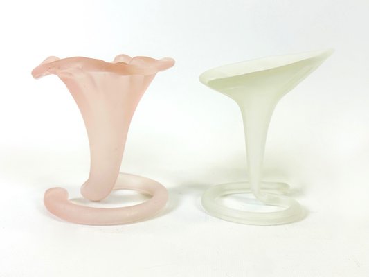 Vintage Frosted & Pink Hand Made Glass Lilly Vases from Stiver, 1970s, Set of 2-ZCY-2027872