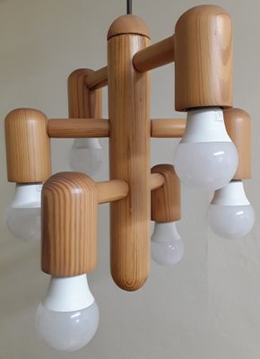 Vintage German 6-Flame Ceiling Lamp with Pine Wood Frame from Waldi, 1980s-HOI-1721044