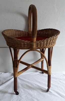 Vintage German Bamboo and Red Plastic Side Table on Wheels, 1960s-HOI-664040