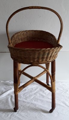 Vintage German Bamboo and Red Plastic Side Table on Wheels, 1960s-HOI-664040