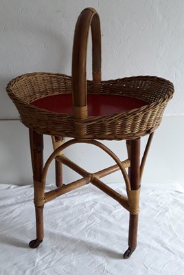 Vintage German Bamboo and Red Plastic Side Table on Wheels, 1960s-HOI-664040