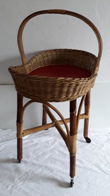 Vintage German Bamboo and Red Plastic Side Table on Wheels, 1960s-HOI-664040